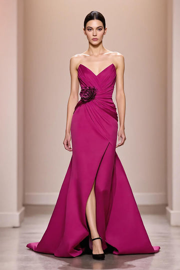 Fuchsia Satin Mermaid Sweetheart Long Formal Dress with 3D Flower